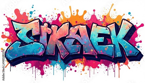 Isolated graffiti art on white backdrop; vibrant colors and bold style, energy, graphic, urban