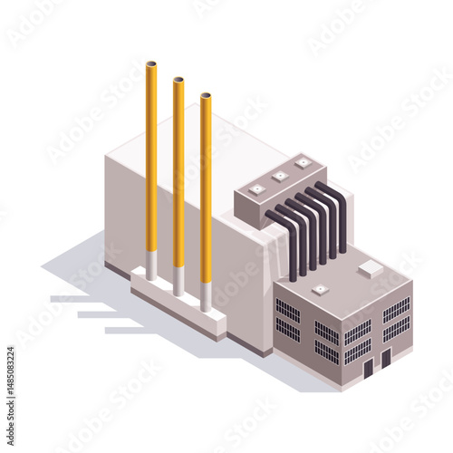 Isometric factory. Concept of industrial plant with chimney tower or pipes. Industrial bulding. 3d isolated icon. Architecture of manufacture house