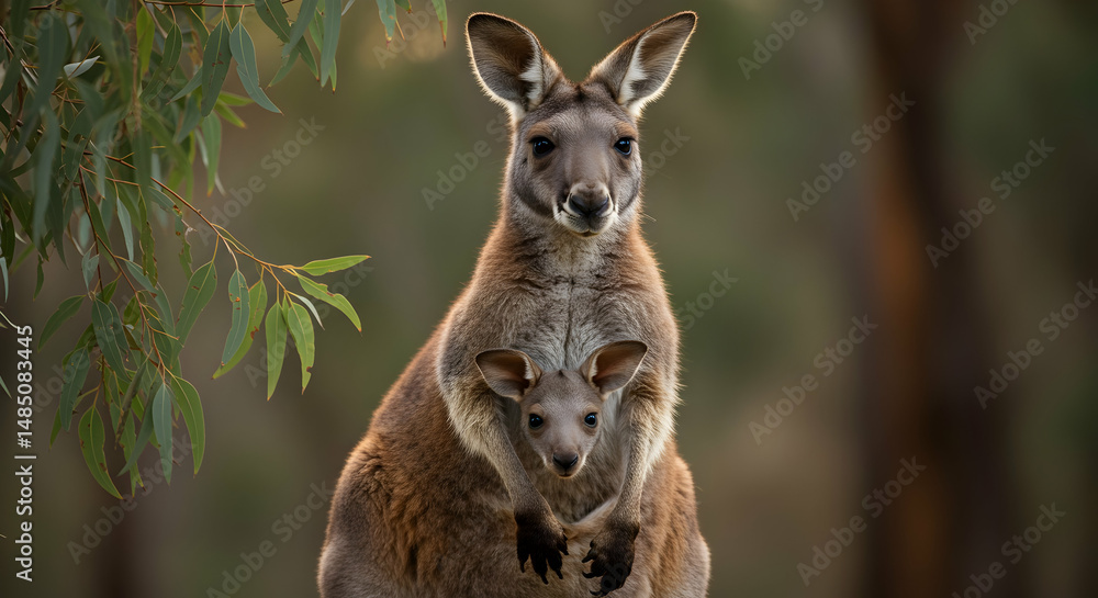 Fototapeta premium Kangaroo with Joey in Pouch Looking at Camera