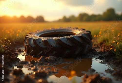 Muddy Tractor Tire in Rural Field Agricultural Machinery and Farming Transport