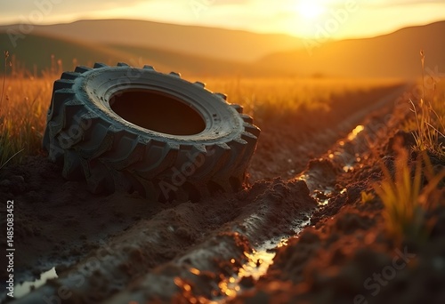 Muddy Tractor Tire in Rural Field Agricultural Machinery and Farming Transport