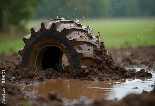 Muddy Tractor Tire in Rural Field Agricultural Machinery and Farming Transport