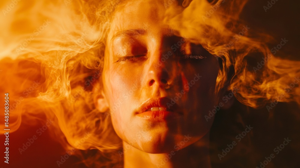 Woman submerged in orange smoke with closed eyes in dramatic conceptual dreamlike surreal portrait scene Woman submerged in orange smoke with closed eyes in dramatic conceptual dreamlike surreal portrait scene