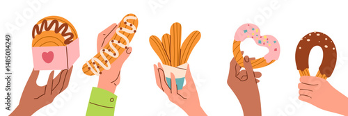 Churros set vector illustration. Cartoon isolated sweet takeaway fast food collection with churro sticks in paper bags and packages with cups of chocolate sauces and dips, fried dessert on plate