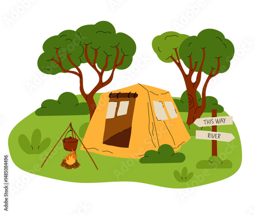 Camping composition. Landscape with trees and bushes. Camp tent and bonfire. Tourist campsite, outdoor adventure, campground in forest. Hiking tourism. Summer vacation vector cartoon flat illustration