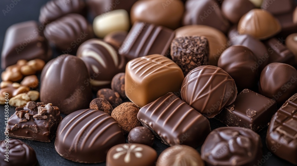 Assorted chocolate pralines closeup in sweet dessert food photography for gourmet product visual setup scene Assorted chocolate pralines closeup in sweet dessert food photography for gourmet product visual setup scene