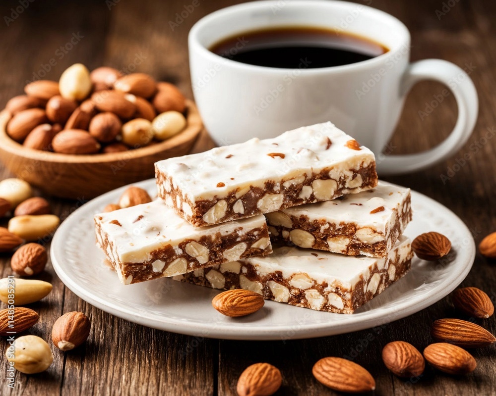 A close-up image of nougat slices with crunchy almonds and hazelnuts near a cup of fragrant freshly brewed coffee. A close-up image of nougat slices with crunchy almonds and hazelnuts near a cup of fragrant freshly brewed coffee.