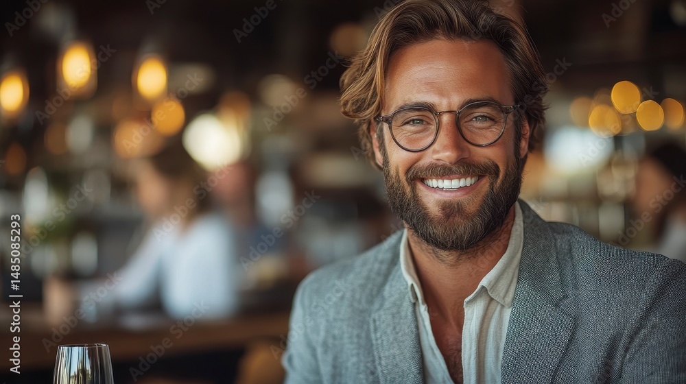 Smiling man in glasses, with blurred restaurant background Smiling man in glasses, with blurred restaurant background