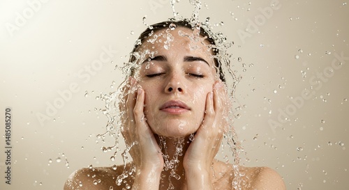 Woman with Eyes Closed Cupping Her Face as Water Splashes Around Her Head in a Studio Shot with Soft Neutral Background Perfect for Skincare and Beauty Concepts
