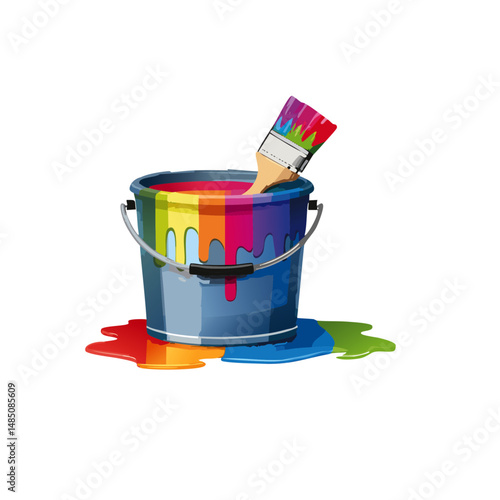 Bucket with rainbow color  paint, paint running out, Brush with paint vector graphic design