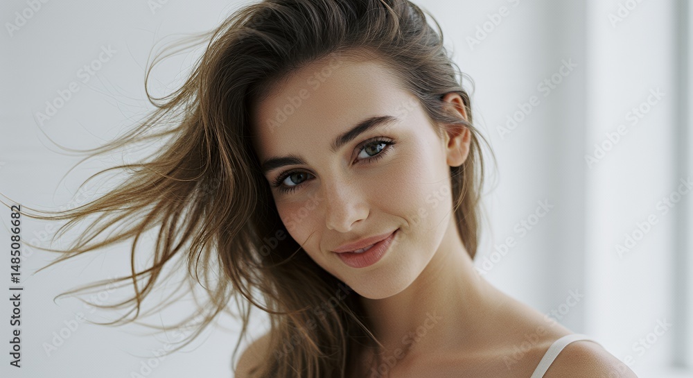 Naklejka premium Dynamic Close Up Portrait of Young Woman with Flowing Brown Hair in Bright Room Looking to Camera