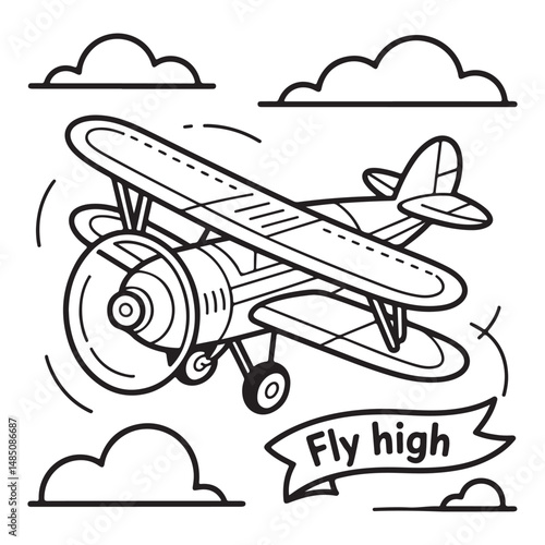 One-Line Drawing of Airplane. Outline of Vintage Airplane Flying Through Clouds.