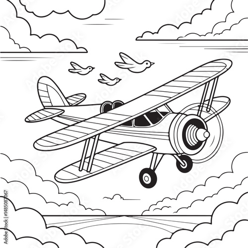 One-Line Drawing of Airplane. Outline of Vintage Airplane Flying Through Clouds.