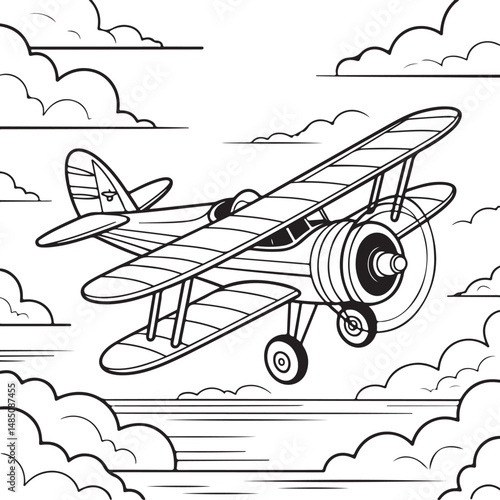 One-Line Drawing of Airplane. Outline of Vintage Airplane Flying Through Clouds.