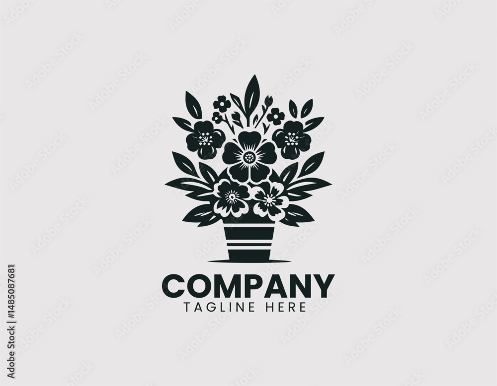 Fototapeta premium Elegant Flower Basket with Blooming Flowers Vector Logo Design, Graceful Floral Basket with Blossoming Flowers Vector Logo, Beautiful Flower Basket with Open Blooms Illustration Logo