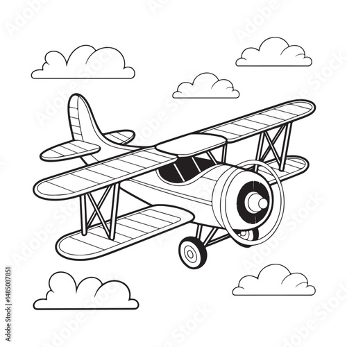 One-Line Drawing of Airplane. Outline of Vintage Airplane Flying Through Clouds.