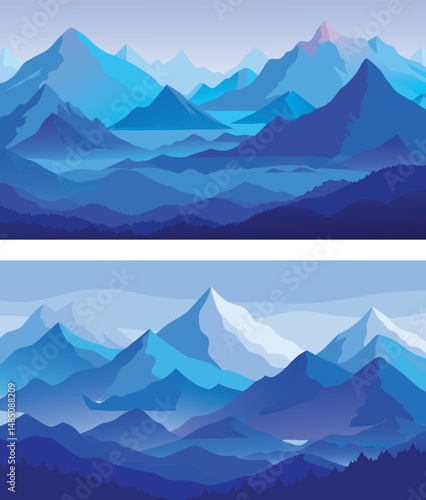 Set of mountain landscape with blue sky