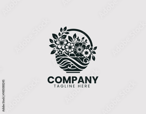 Elegant Flower Basket with Blooming Flowers Vector Logo Design, Graceful Floral Basket with Blossoming Flowers Vector Logo, Beautiful Flower Basket with Open Blooms Illustration Logo