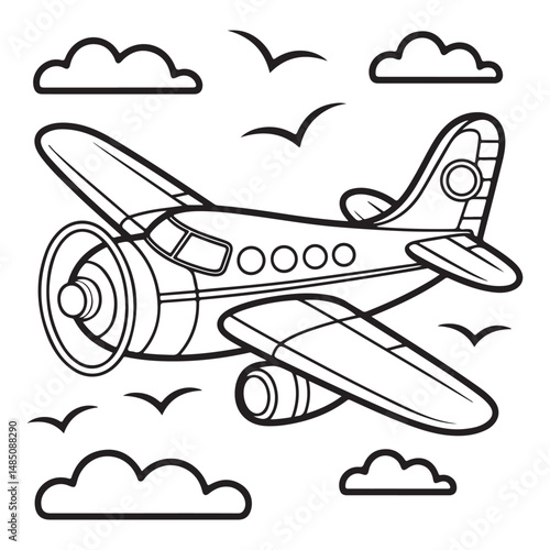 One-Line Drawing of Airplane. Outline of Vintage Airplane Flying Through Clouds.
