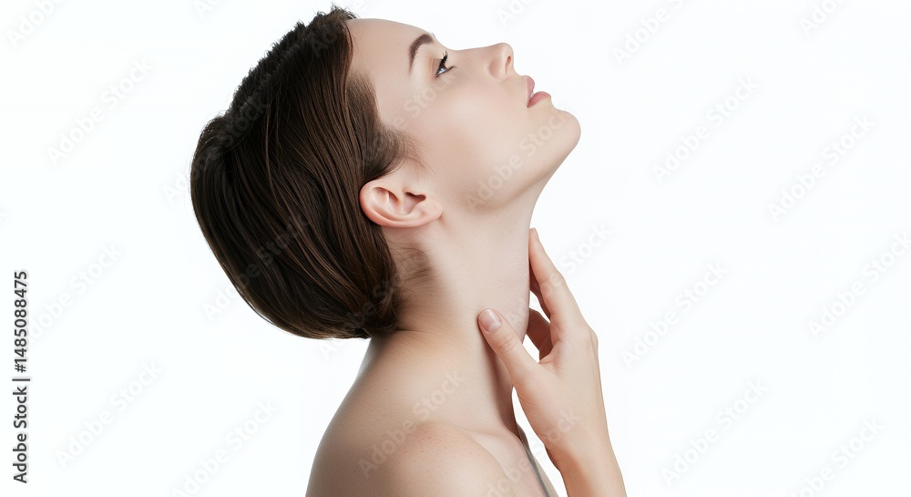 Elegant Profile of a Young Woman Gently Caressing Her Neck in a White Background Perfect for Skincare Wellness and Beauty Concepts Elegant Profile of a Young Woman Gently Caressing Her Neck in a White Background Perfect for Skincare Wellness and Beauty Concepts