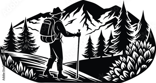 Hiking silhouette, person walking with backpack and trekking pole, outdoor adventure vector illustration