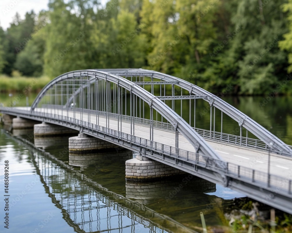 Obraz premium The miniature of the architectural design of the bridge is made in the form of a metal model.