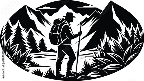 Hiking silhouette, person walking with backpack and trekking pole, outdoor adventure vector illustration