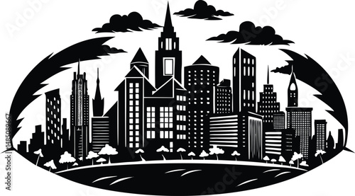 Cityscape silhouette, urban skyline with skyscrapers and buildings, minimalist vector city background illustration