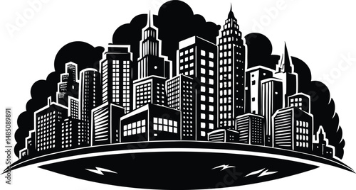 Cityscape silhouette, urban skyline with skyscrapers and buildings, minimalist vector city background illustration