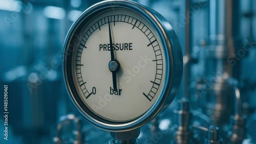 Pressure gauge in vaccine production facility measuring bar pressure on stainless steel pipe system for safe and efficient system measurement