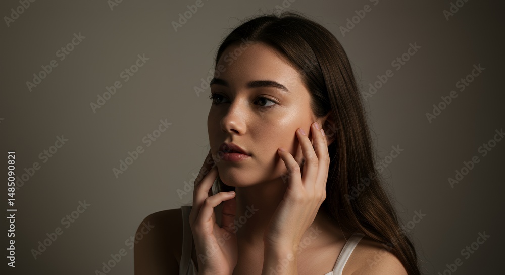 Young Woman Gently Touching Her Face in Soft Diffused Light Against Neutral Backdrop for Minimalist Beauty with Elegant Serenity Young Woman Gently Touching Her Face in Soft Diffused Light Against Neutral Backdrop for Minimalist Beauty with Elegant Serenity