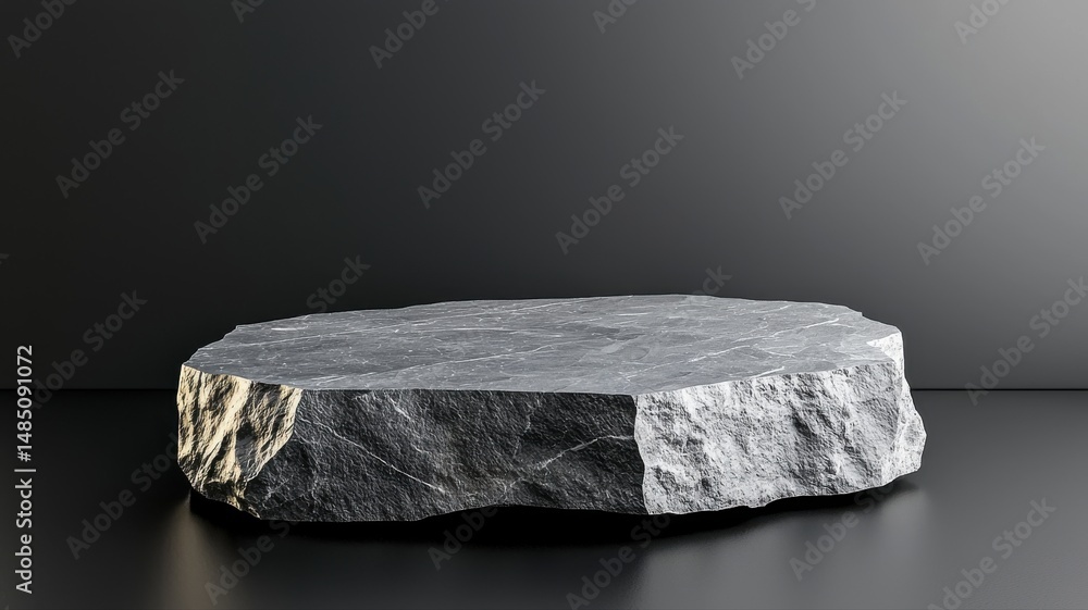 Naklejka premium Natural Stone Podium for Product Presentation on Black Background stone podium presentation rock raw