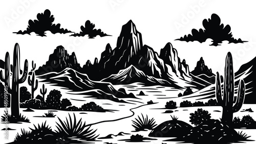 Desert landscape silhouette, minimalist sunset scene with mountains and cactus, vector illustration for nature background or western theme design