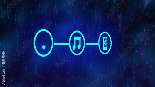 Neon blue icons being linked by glowing lines streaming through digital data field, in flat design