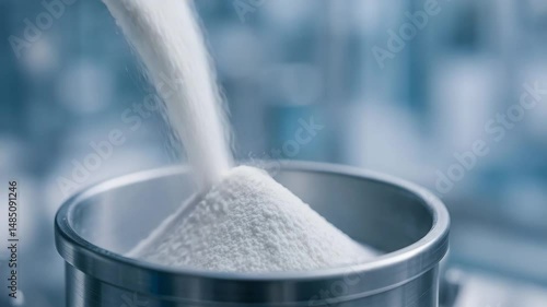 Powder poured into stainless steel container in vaccine production facility ensuring clean, controlled environment for pharmaceutical manufacturing