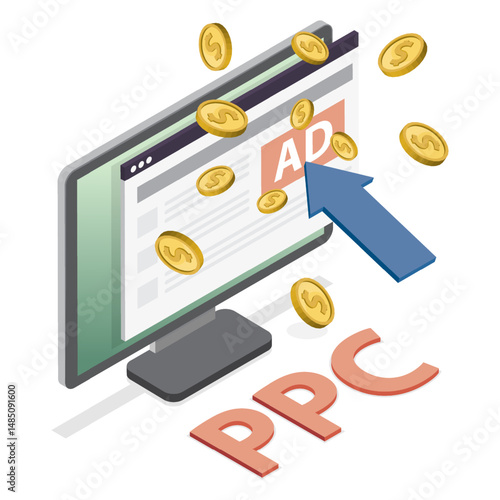 Pay per Click digital marketing concept. PPC Management advertising strategy. Isometric vector illustration design.