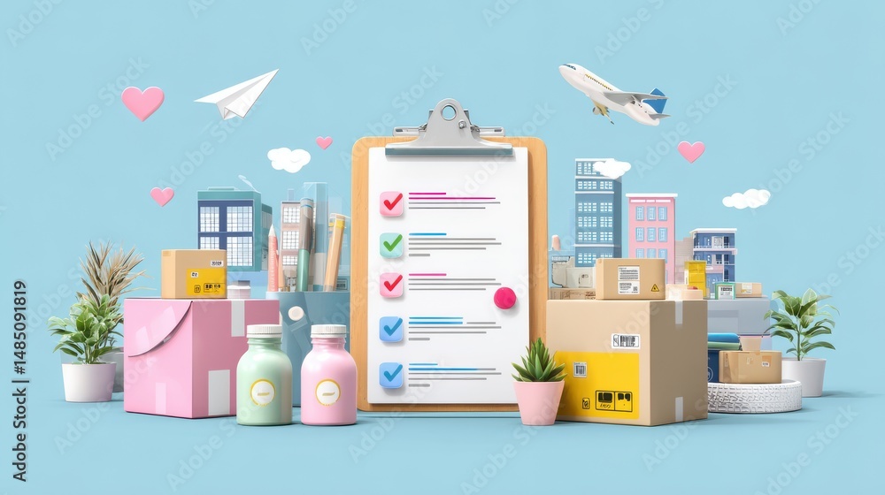 A neat and tidy office workspace with a clipboard holding a to do checklist surrounded by various office supplies and equipment in a minimalist pastel colored setting A neat and tidy office workspace with a clipboard holding a to do checklist surrounded by various office supplies and equipment in a minimalist pastel colored setting