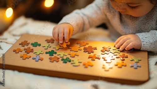 Toddler playing with colorful wooden puzzle on cozy blanket