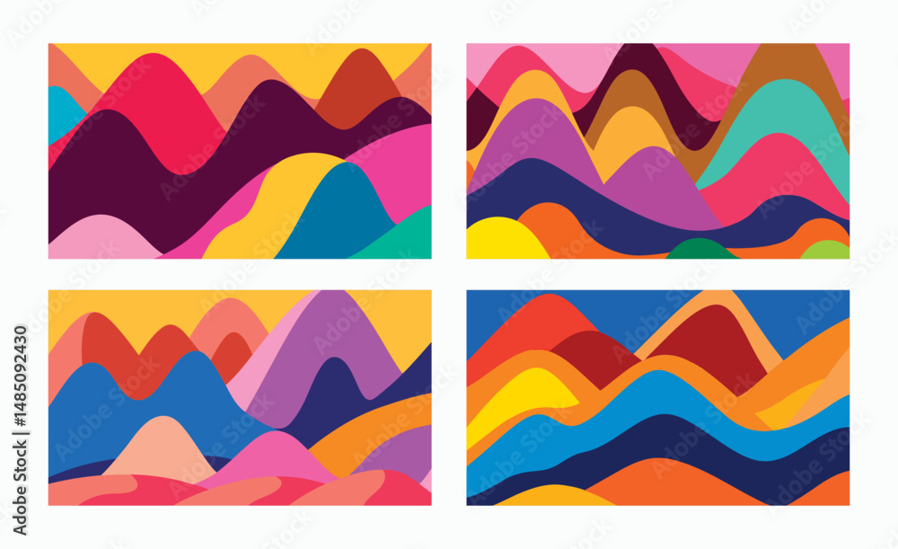 Fototapeta premium Multicolored mountain landscape set, abstract geometric shapes with modern nature background, trendy minimalist scene for posters and prints, vector illustration