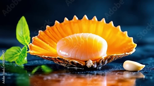 Fresh Scallop in Shell with Basil and Garlic on Reflective Surface Seafood Delight with Freshness and Elegance