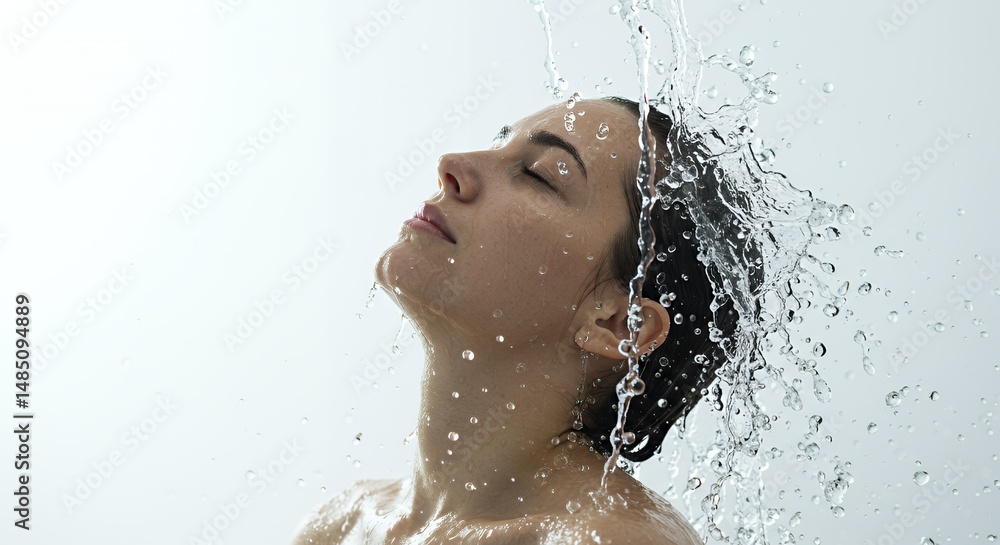 Obraz premium Woman's Face Under Cascading Water Stream in a Bright Studio, Close-Up Shot for Skincare Concept and Beauty, Promoting Hydration and Facial Wellness