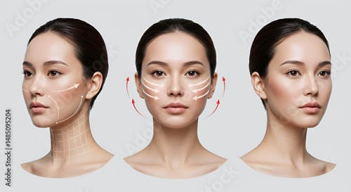 Three Facial Views with Skincare Arrows on Light Gray Background for Cosmetic Treatment Visuals and Beauty Enhancement Demonstration