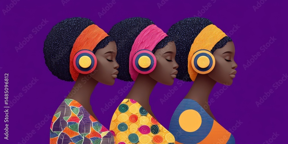 Fototapeta premium Three stylish women wearing colorful headbands and headphones embodying a vibrant and expressive cultural identity with captivating patterns against a rich purple backdrop emphasizing creativity