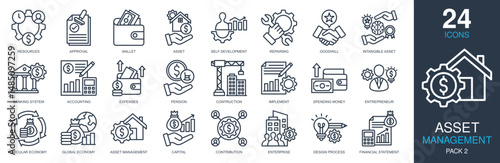 Asset Management Icons set vector illustration. Containing resources, wallet, intangible asset, banking system, financial statemenet and more. Simple outline icons collection.