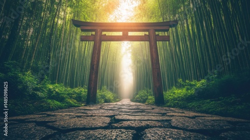 Serene Bamboo Forest Path Ancient Wooden Torii Gate Japan Zen Asia Road Calm View East Green Trees