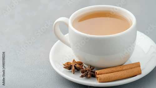 Warm Cup of Chai Tea with Cinnamon and Star Anise on Saucer Evokes Comfort and Warmth