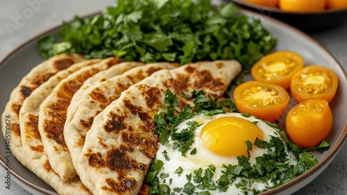 Delicious Breakfast with Flatbreads, Sunny Side Up Egg, Fresh Herbs, and Cherry Tomatoes for Perfect Morning Meal
