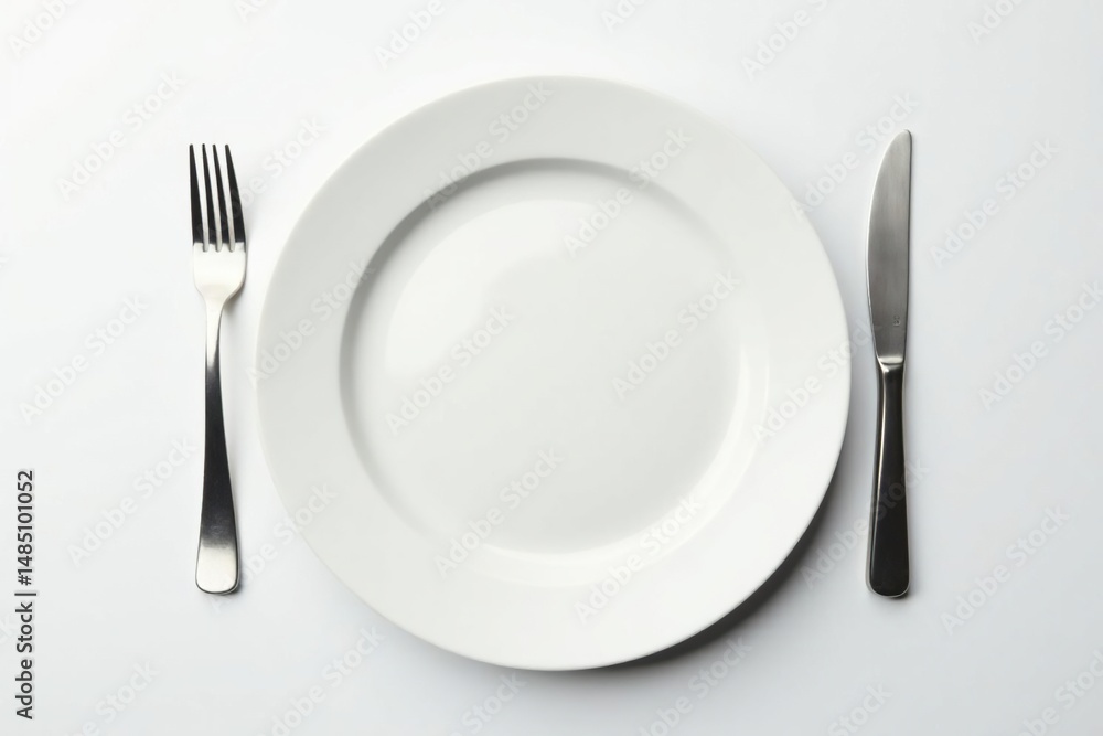Clean, empty dinner plate on white background, overhead, dining, white Clean, empty dinner plate on white background, overhead, dining, white