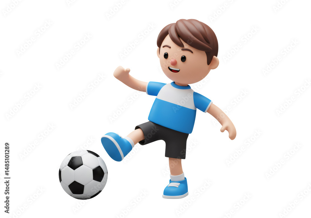 サッカーボールを蹴る青と白のユニフォームを着た3D少年キャラクター 白色の背景にレンダリングされた漫画風の子供 サッカーを楽しむ少年を描いたダイナミックな構図 サッカーボールを蹴る青と白のユニフォームを着た3D少年キャラクター 白色の背景にレンダリングされた漫画風の子供 サッカーを楽しむ少年を描いたダイナミックな構図
