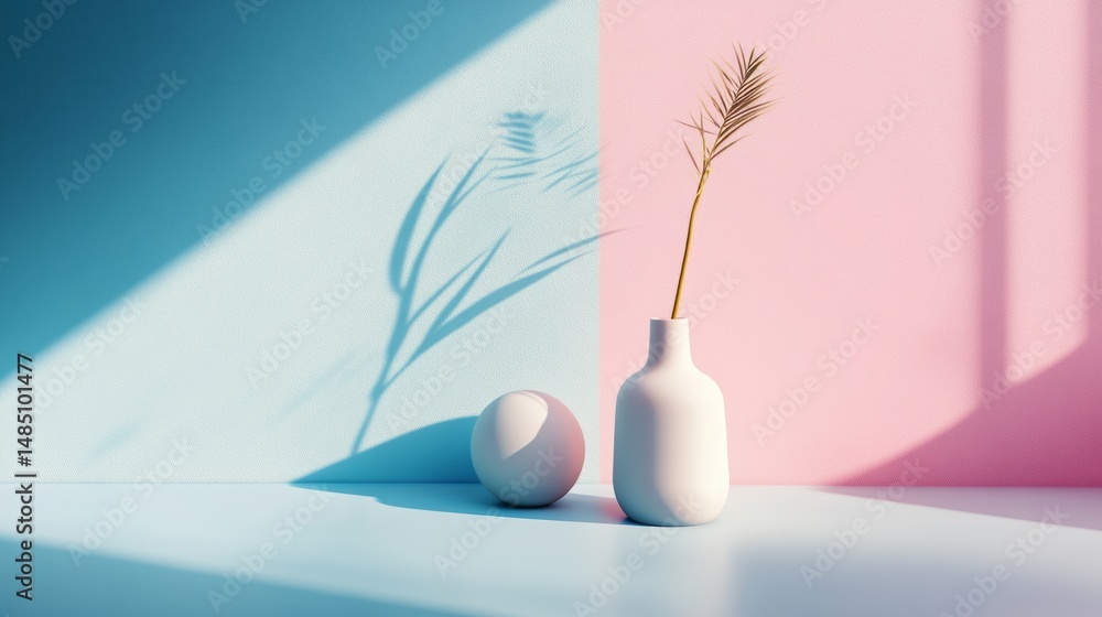 Vases casting shadows on pastel wall for minimal photography scene setup composition calm interior elegance still light decor soft pink Vases casting shadows on pastel wall for minimal photography scene setup composition calm interior elegance still light decor soft pink